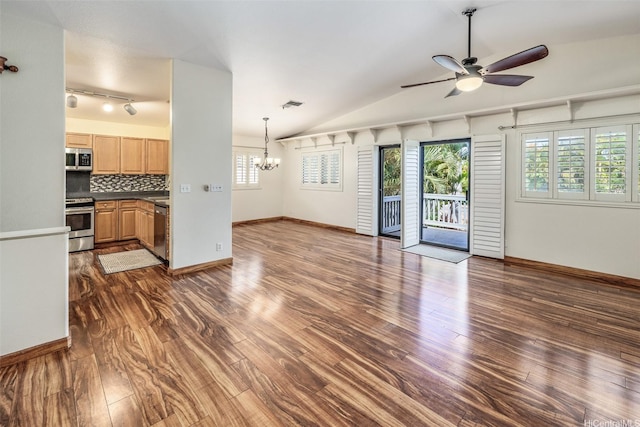 91-1037 Paaoloulu Way, Kapolei, HI 96707 - unfurnished living room with a chandelier, lofted ceiling, a ceiling fan, dark wood-style flooring, and track lighting