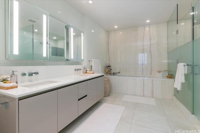 1118 Ala Moana Blvd Unit 2000/2002, Honolulu, HI 96814 - full bath featuring a garden tub, double vanity, tile patterned flooring, and a shower with door
