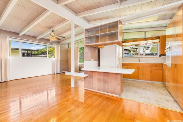 3313 Manoa Rd, Honolulu, HI 96822 - kitchen featuring light wood-type flooring, white appliances, light countertops, wooden ceiling, and a peninsula