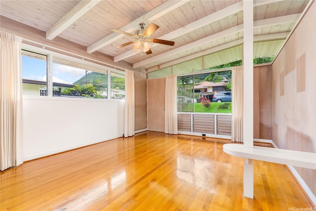3313 Manoa Rd, Honolulu, HI 96822 - spare room featuring wood finished floors, ceiling fan, and a wood ceiling with exposed beams