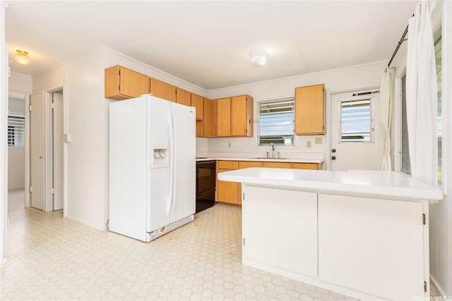 3313 Manoa Rd, Honolulu, HI 96822 - kitchen featuring white refrigerator with ice dispenser, stove, light countertops, ornamental molding, and light flooring