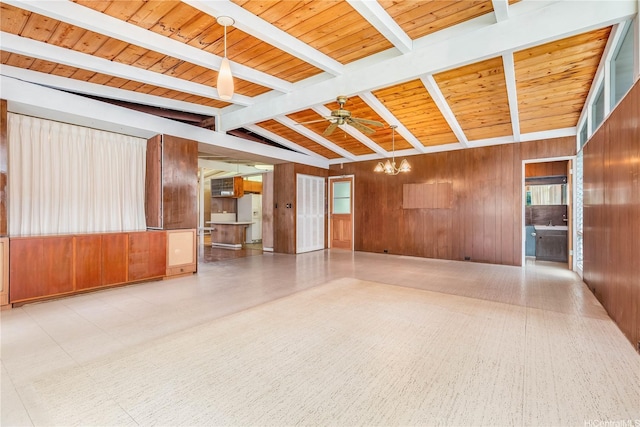 3313 Manoa Rd, Honolulu, HI 96822 - unfurnished room with tile patterned floors, a chandelier, wood walls, wood ceiling, and a ceiling fan