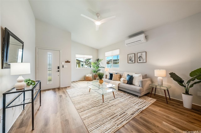 91-1804 Kohanahana Loop, Ewa Beach, HI 96706 - living room with an AC wall unit, lofted ceiling, wood finished floors, and ceiling fan