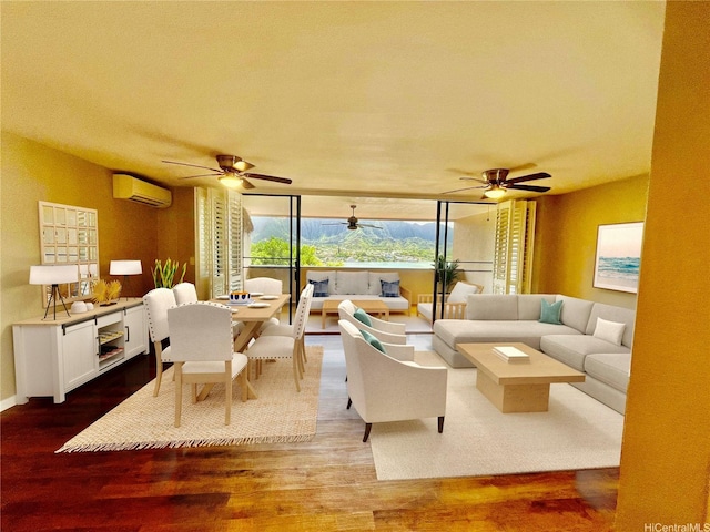 46-035 Konohiki St Unit 3832, Kaneohe, HI 96744 - living room with a wall mounted AC, wood finished floors, a ceiling fan, and a wall of windows