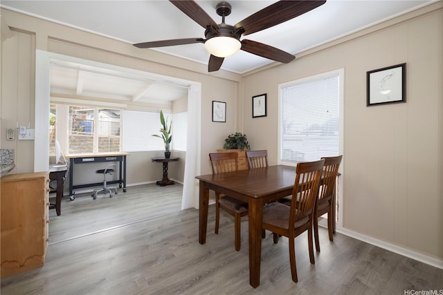 92-1020 Palailai Pl, Kapolei, HI 96707 - dining space featuring wood finished floors, ceiling fan, an office area, and beam ceiling