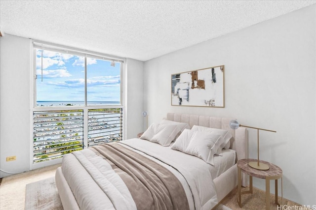 1676 Ala Moana Blvd Unit 1303, Honolulu, HI 96815 - bedroom featuring a textured ceiling, carpet flooring, a water view, and a wall of windows
