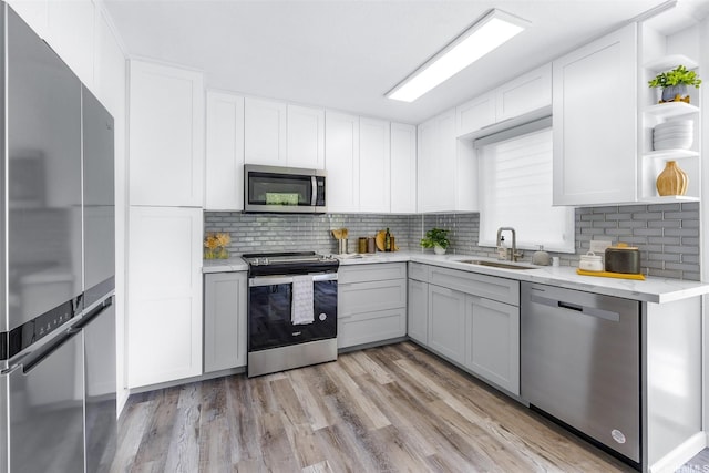 625 Iolani Ave Unit A304, Honolulu, HI 96813 - kitchen featuring appliances with stainless steel finishes, open shelves, tasteful backsplash, and light wood-type flooring