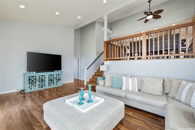 1048 Kaupaku Pl, Honolulu, HI 96825 - living area with ceiling fan, recessed lighting, stairway, wood finished floors, and a wall mounted AC
