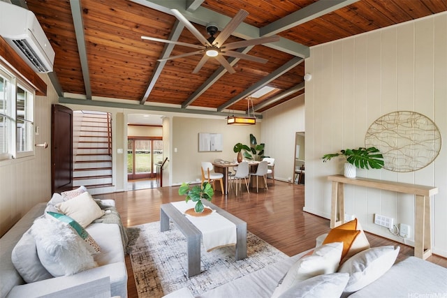 1371 Hele St, Kailua, HI 96734 - living room featuring an AC wall unit, wooden ceiling, wood finished floors, a ceiling fan, and stairway