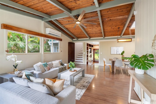 1371 Hele St, Kailua, HI 96734 - living room featuring arched walkways, a wall unit AC, wood finished floors, a ceiling fan, and wood ceiling