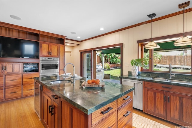 1371 Hele St, Kailua, HI 96734 - kitchen with stainless steel appliances, ornamental molding, brown cabinets, light wood-type flooring, and pendant lighting