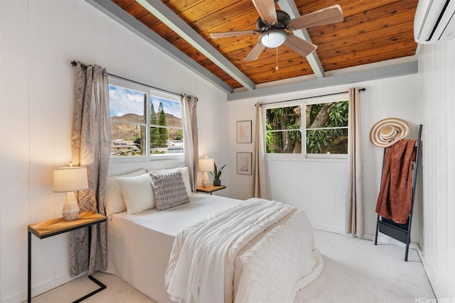 1371 Hele St, Kailua, HI 96734 - bedroom featuring wooden ceiling, a wall unit AC, light carpet, and a ceiling fan