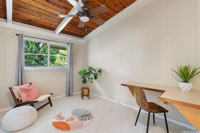 1371 Hele St, Kailua, HI 96734 - sitting room featuring a wooden ceiling with exposed beams, carpet, ceiling fan, and wood walls