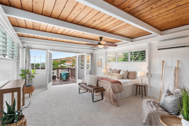 1371 Hele St, Kailua, HI 96734 - bedroom with a wall mounted AC, access to outside, multiple windows, carpet floors, and a wooden ceiling with exposed beams