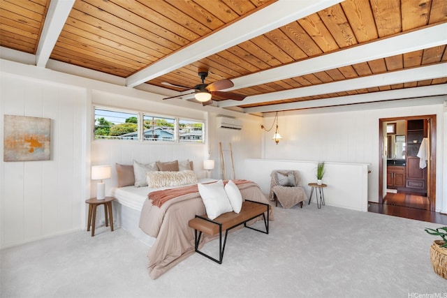 1371 Hele St, Kailua, HI 96734 - bedroom with a wall unit AC, carpet floors, a wooden ceiling with exposed beams, and ensuite bathroom