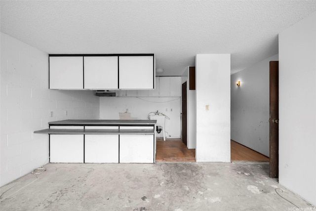 1687 Pensacola St Unit 1004, Honolulu, HI 96822 - kitchen with white cabinetry, concrete block wall, a textured ceiling, and unfinished concrete floors