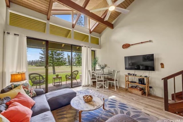 57-101 Kuilima Dr Unit 44, Kahuku, HI 96731 - living area featuring high vaulted ceiling, wood finished floors, a skylight, ceiling fan, and a wooden ceiling with exposed beams