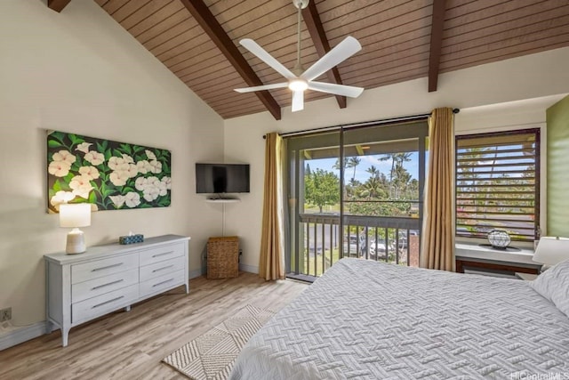 57-101 Kuilima Dr Unit 44, Kahuku, HI 96731 - bedroom featuring access to exterior, wooden ceiling, light wood-style flooring, and a ceiling fan