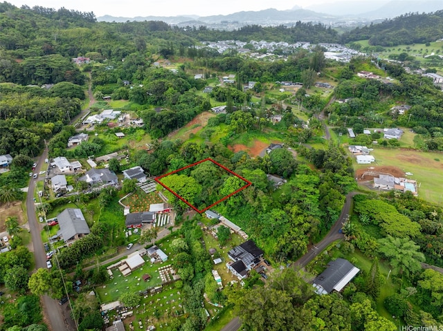 47-66 Okana Pl, Kaneohe, HI 96744 - aerial view of property and surrounding area with property parcel outlined and a mountainous background