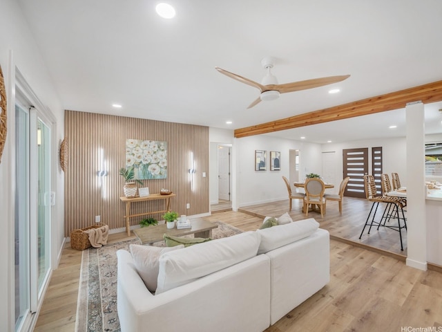 45-343 Namoku St Unit 343, Kaneohe, HI 96744 - living area featuring light wood-type flooring, recessed lighting, a ceiling fan, and beamed ceiling