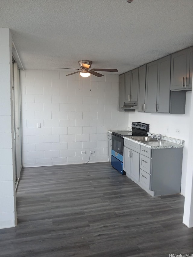 750 Kanoa St Unit 305, Honolulu, HI 96817 - kitchen with electric stove, ventilation hood, gray cabinets, a ceiling fan, and a textured ceiling