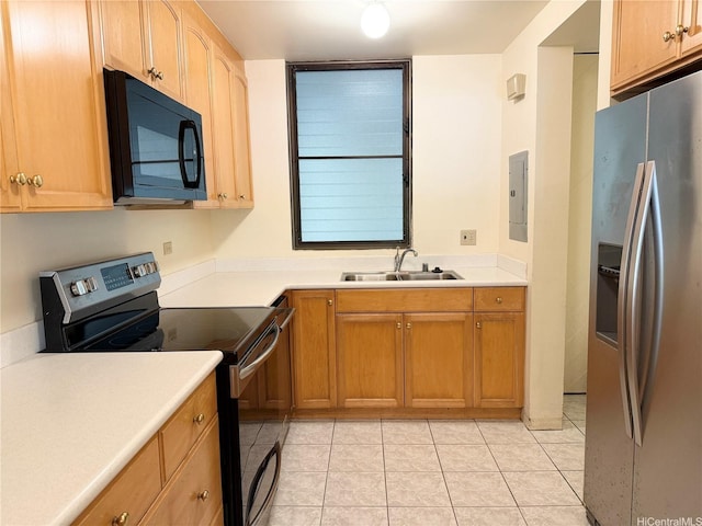 511 Hahaione St Unit 1-7C, Honolulu, HI 96825 - kitchen featuring stainless steel fridge with ice dispenser, electric stove, black microwave, light countertops, and light tile patterned flooring