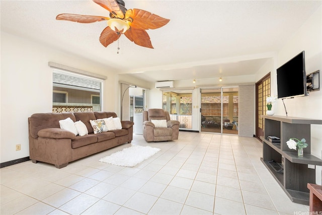 94-444 Alapine St, Waipahu, HI 96797 - living room featuring a wall mounted AC, light tile patterned floors, and ceiling fan