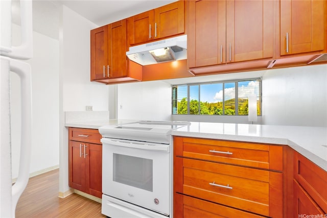 3030 Ala Ilima St Unit 402, Honolulu, HI 96818 - kitchen with white range with electric cooktop, under cabinet range hood, brown cabinetry, and light wood-type flooring