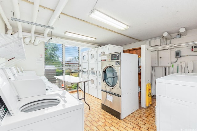 3030 Ala Ilima St Unit 402, Honolulu, HI 96818 - communal laundry room with estacked washer and dryer, washing machine and clothes dryer, and electric panel