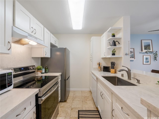 95-524 Wikao St Unit A101, Mililani, HI 96789 - kitchen featuring stainless steel range with electric cooktop, under cabinet range hood, open shelves, dishwasher, and white cabinetry