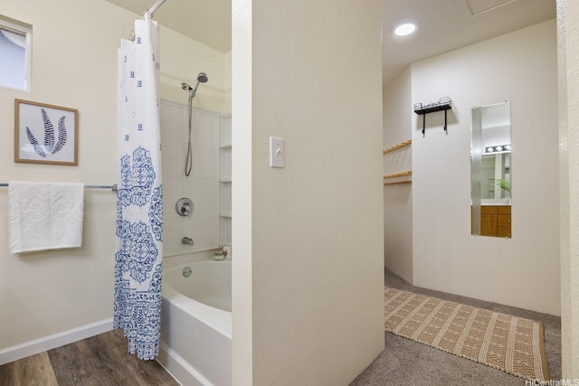 91-1221 Kanela St Unit M54, Ewa Beach, HI 96706 - bathroom with shower / bath combination with curtain, wood finished floors, and recessed lighting