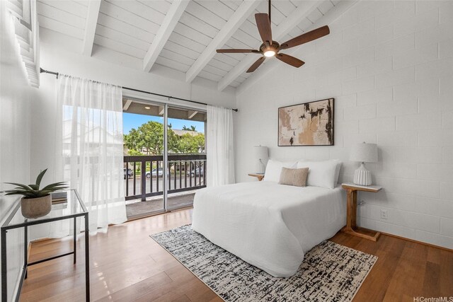 95-45 Hokuiwa St Unit 22, Mililani, HI 96789 - bedroom with access to exterior, wood finished floors, beamed ceiling, high vaulted ceiling, and a ceiling fan