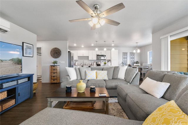 91-3475 Nana Hope St Unit 601, Ewa Beach, HI 96706 - living area featuring dark wood-style floors, a ceiling fan, and a wall mounted AC