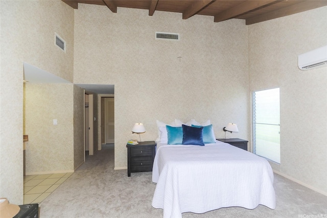 753 Kalanipuu St, Honolulu, HI 96825 - bedroom with beam ceiling, a towering ceiling, a wall mounted AC, and carpet floors