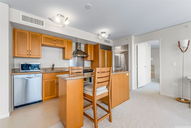 1296 Kapiolani Blvd Unit Ii-1801, Honolulu, HI 96814 - kitchen with stainless steel appliances, wall chimney exhaust hood, light stone countertops, a kitchen breakfast bar, and brown cabinetry