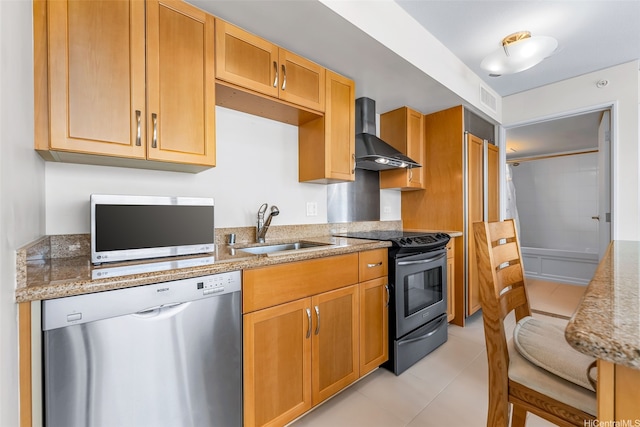 1296 Kapiolani Blvd Unit Ii-1801, Honolulu, HI 96814 - kitchen featuring stainless steel dishwasher, range with electric cooktop, wall chimney exhaust hood, light tile patterned floors, and light stone counters
