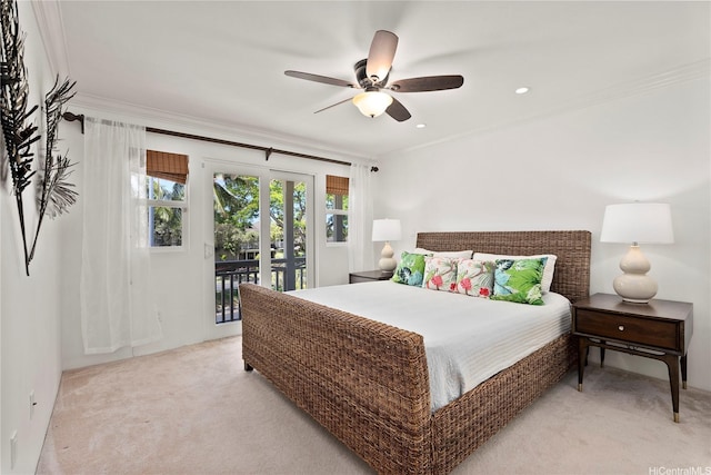 91-1312 Keoneula Blvd Unit 203, Ewa Beach, HI 96706 - carpeted bedroom with access to exterior, crown molding, and ceiling fan