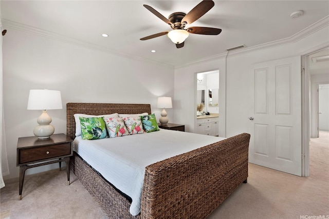 91-1312 Keoneula Blvd Unit 203, Ewa Beach, HI 96706 - bedroom featuring light colored carpet, crown molding, ensuite bathroom, recessed lighting, and a ceiling fan