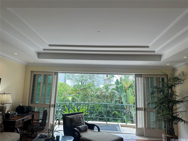1740 S Beretania St Unit 33, Honolulu, HI 96826 - living area with a tray ceiling, an office area, crown molding, and recessed lighting