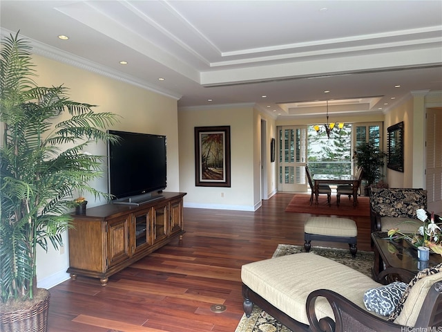 1740 S Beretania St Unit 33, Honolulu, HI 96826 - living area with a raised ceiling, wood finished floors, recessed lighting, and crown molding