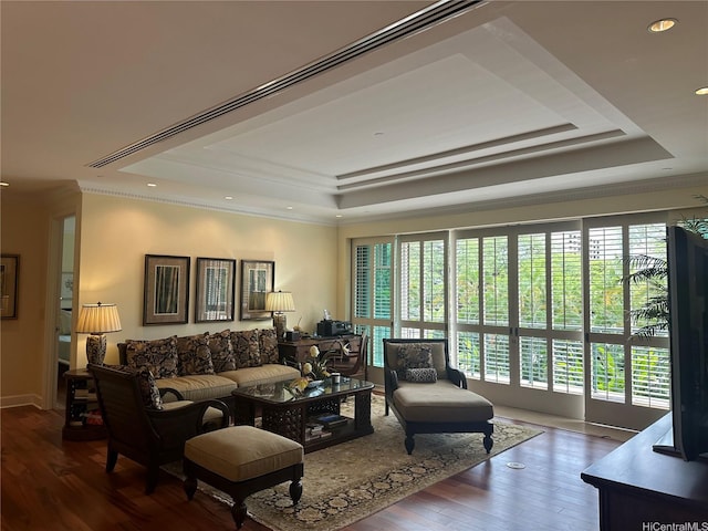 1740 S Beretania St Unit 33, Honolulu, HI 96826 - living room featuring a tray ceiling, plenty of natural light, wood finished floors, crown molding, and recessed lighting