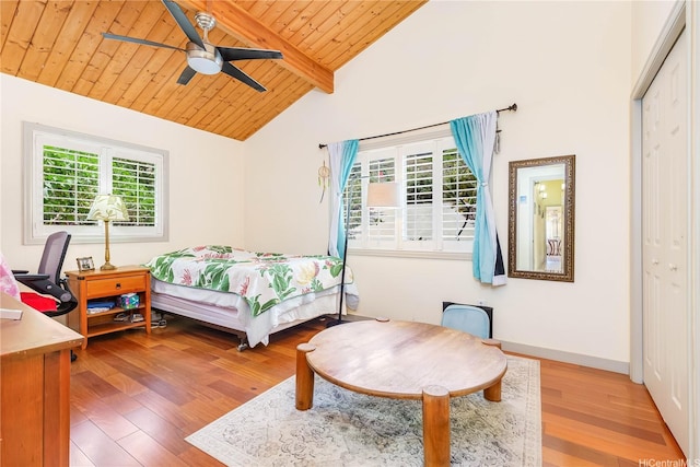 84-1369 Maunaolu St, Waianae, HI 96792 - bedroom featuring light wood-style floors, wood ceiling, a closet, and a ceiling fan