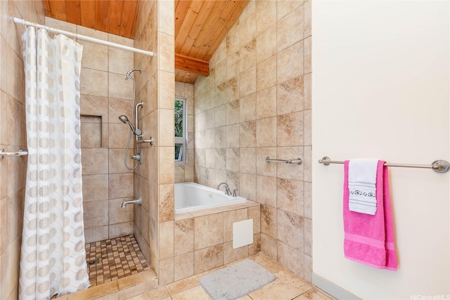 84-1369 Maunaolu St, Waianae, HI 96792 - full bath with wood ceiling, a tile shower, a bath, and tile patterned floors