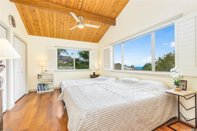 84-1369 Maunaolu St, Waianae, HI 96792 - bedroom featuring wood finished floors, wooden ceiling, and ceiling fan