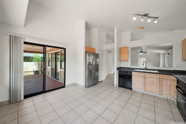 91-1517 Wahane St, Kapolei, HI 96707 - kitchen with black appliances, dark countertops, light brown cabinets, a ceiling fan, and light tile patterned floors