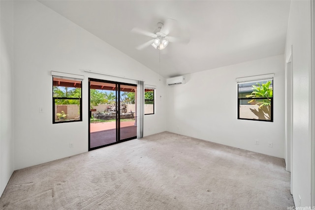 91-1517 Wahane St, Kapolei, HI 96707 - unfurnished room featuring a wall mounted AC, carpet flooring, a ceiling fan, and high vaulted ceiling