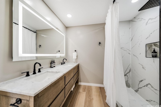 3795 Anuhea St, Honolulu, HI 96816 - full bath featuring double vanity, wood finished floors, a shower with curtain, and recessed lighting