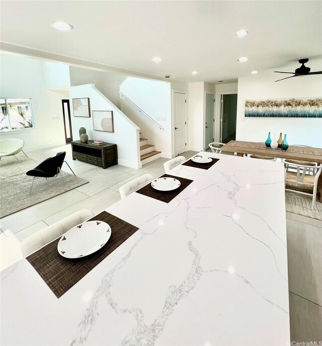1689 Lewalani Dr, Honolulu, HI 96822 - living area with stairs, recessed lighting, and a ceiling fan