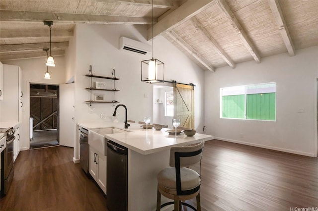 1482 Honokahua St, Honolulu, HI 96825 - kitchen featuring a wooden ceiling with exposed beams, a barn door, a wall mounted AC, dishwasher, and dark wood-style floors