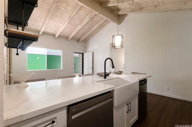 1482 Honokahua St, Honolulu, HI 96825 - kitchen with dishwasher, dark wood-style flooring, wooden ceiling, light countertops, and pendant lighting